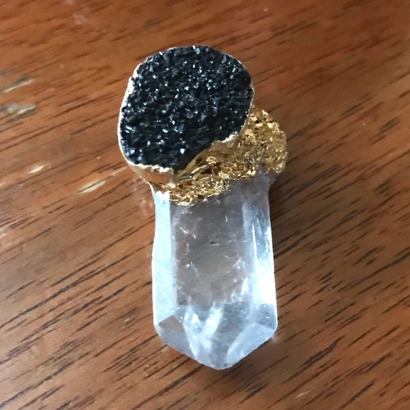 “Black Druzy & Clear Quartz” Crystal Pyramid Terminated Point Wand Gold Necklace - Picture 5 of 16